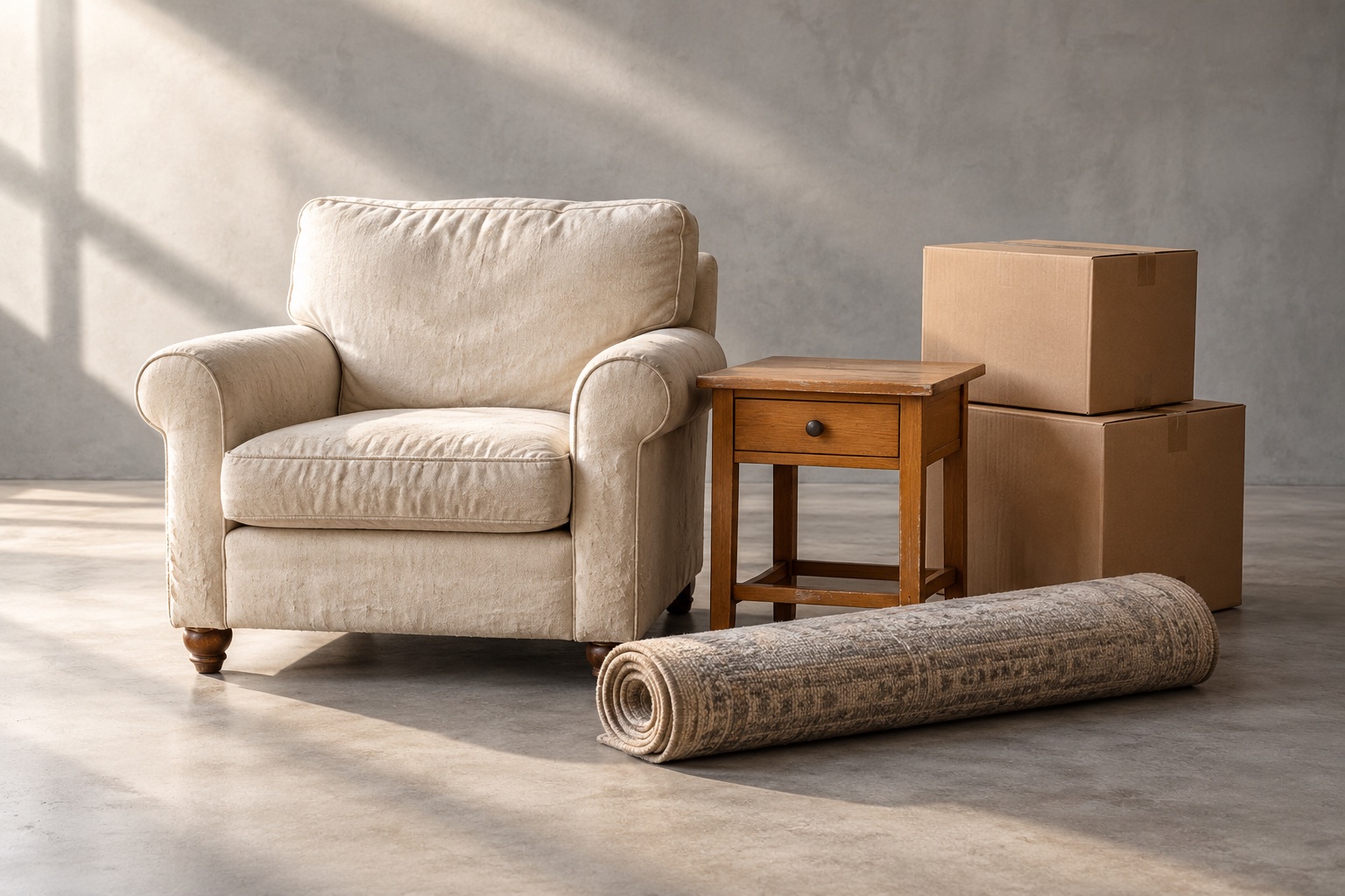 Illustrative studio arrangement of a used armchair, side table, boxes and rolled rug